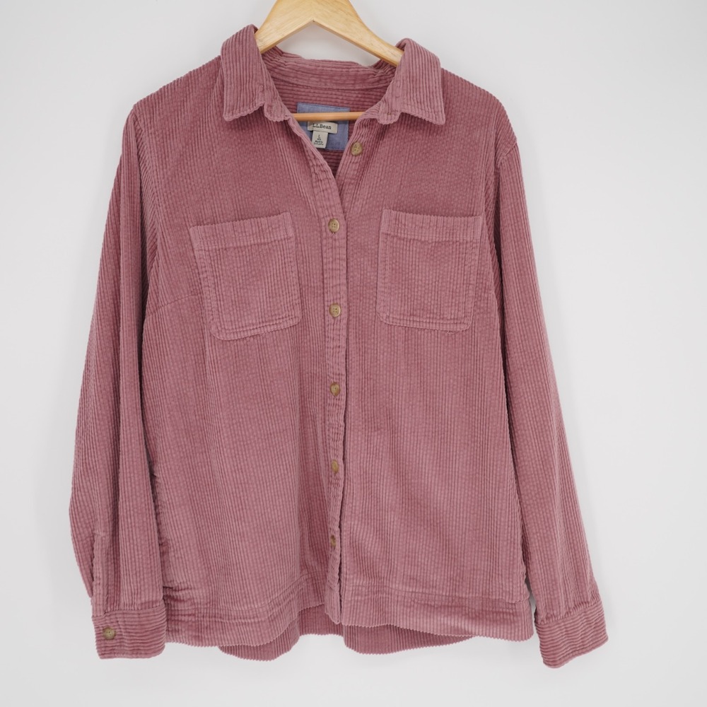 LL Bean Button Up Corduroy Shirt Womens L Dusty Pink Wide Wale Cabincore Pockets